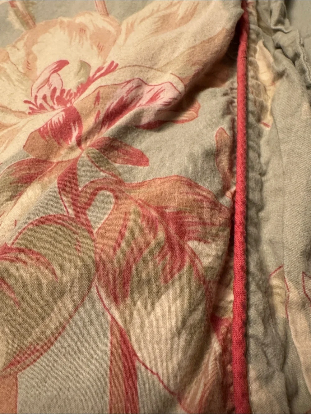Floral Pastel Duvet Cover on a Light Moss Background with Pink-Coral Piping
